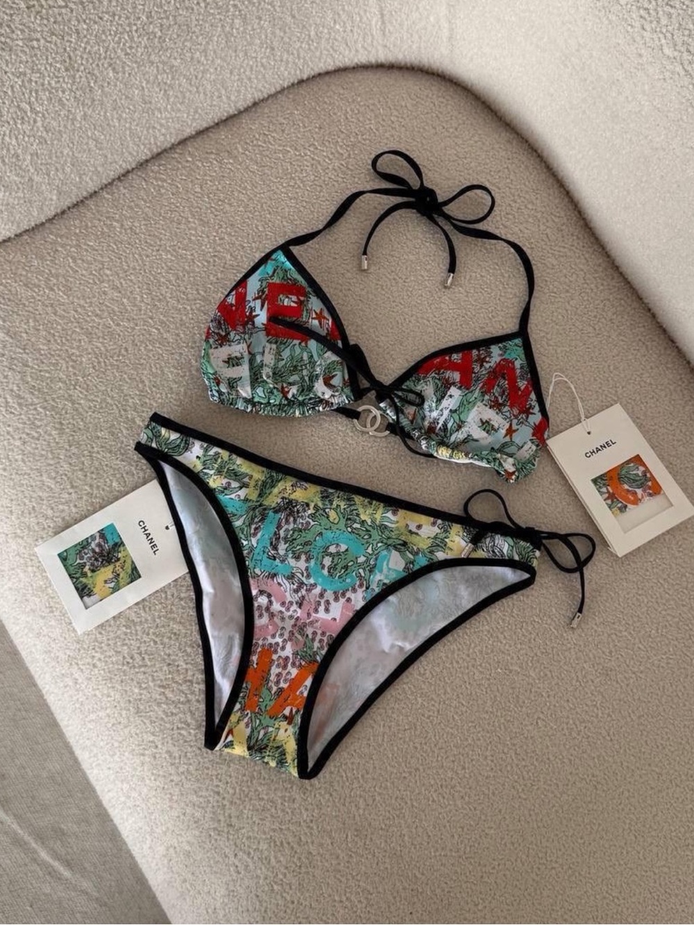 CHANEL Multicolor Floral Logo Triangle Bikini top